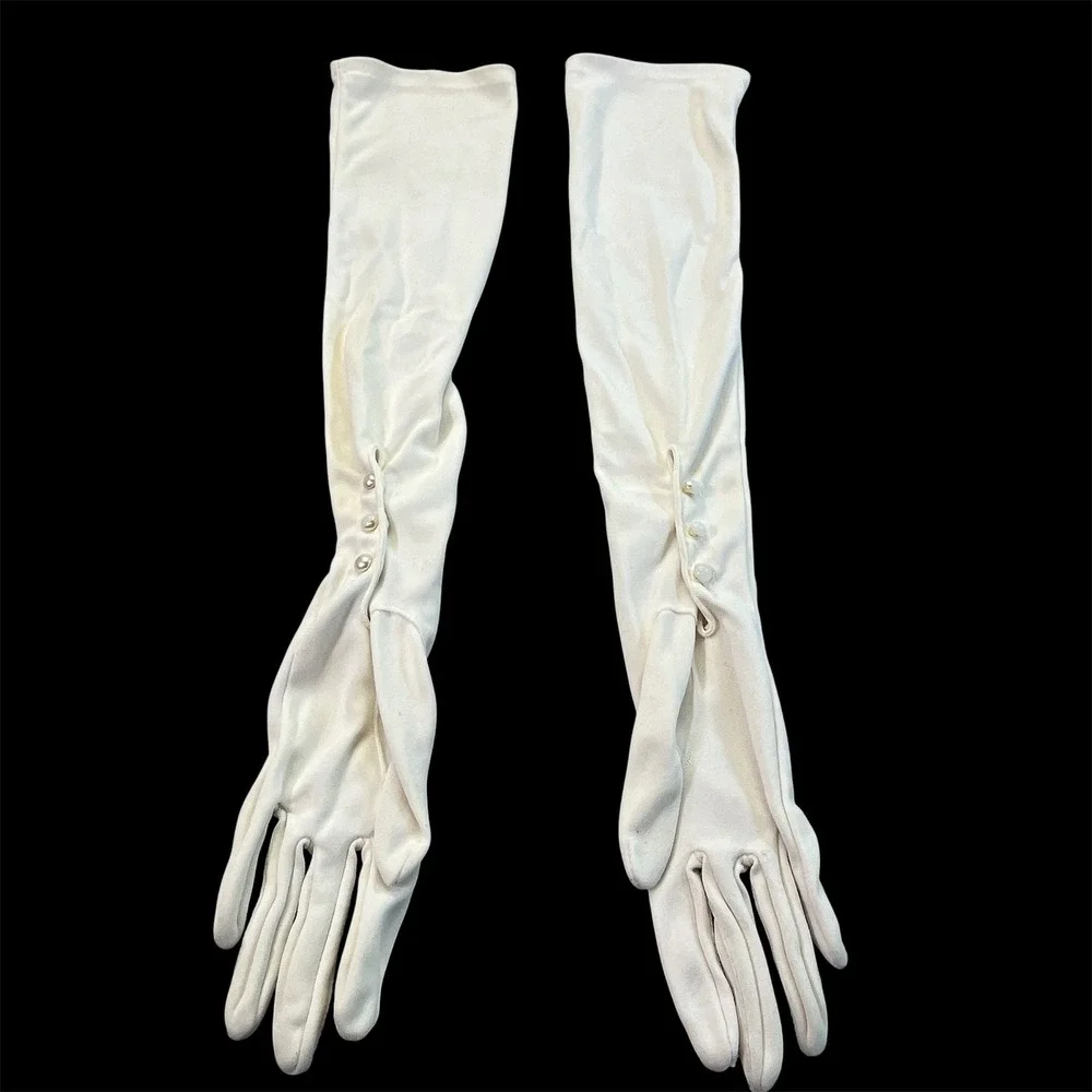 Vintage White Opera Length Gloves Faux Pearl Button Wrist 100% Nylon Sz 6.5 READ